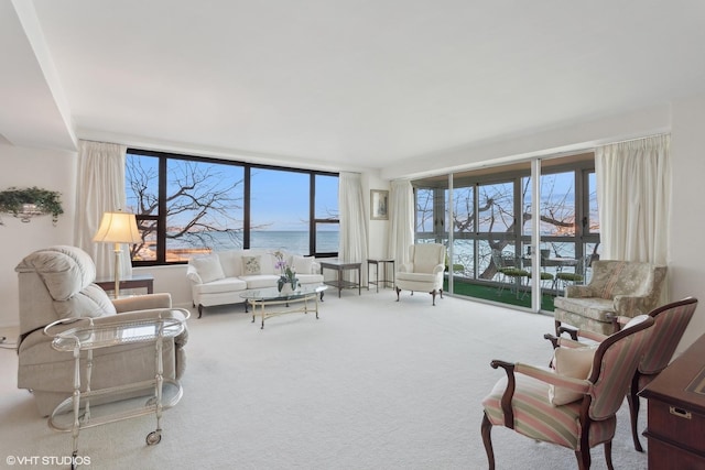 living room with carpet flooring and a water view