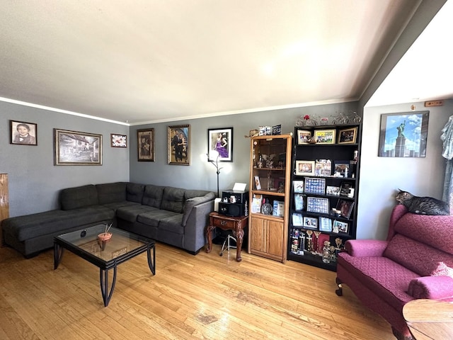 living room featuring light wood-type flooring and ornamental molding