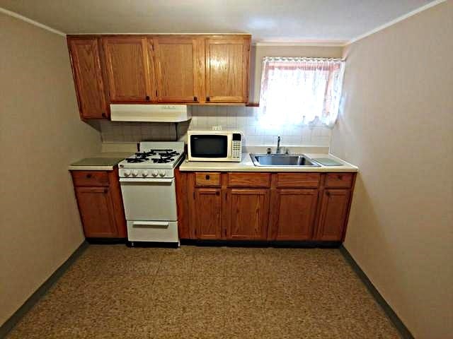 kitchen featuring sink, white appliances, and crown molding