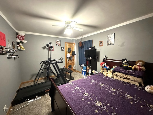 bedroom featuring ceiling fan, crown molding, and carpet