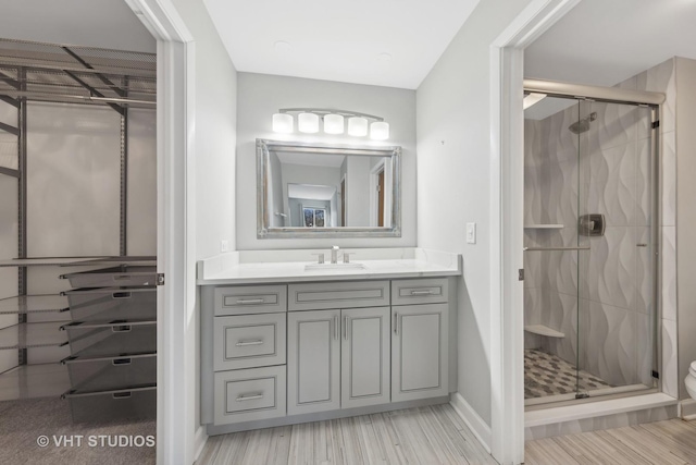 bathroom featuring vanity and a shower with shower door