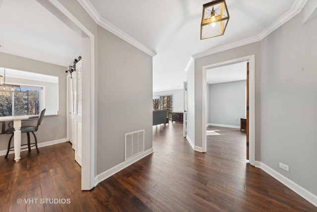 corridor featuring crown molding, dark hardwood / wood-style floors, and a barn door