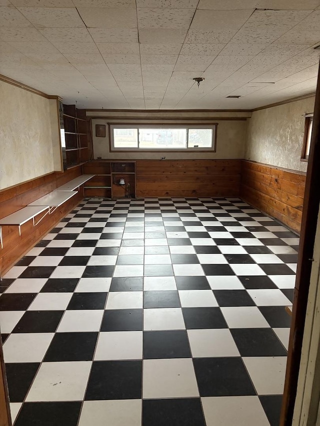 basement with ornamental molding and wood walls