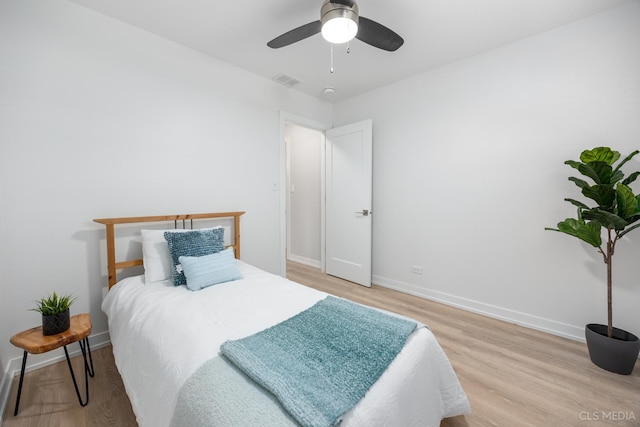 bedroom featuring ceiling fan and light wood-type flooring