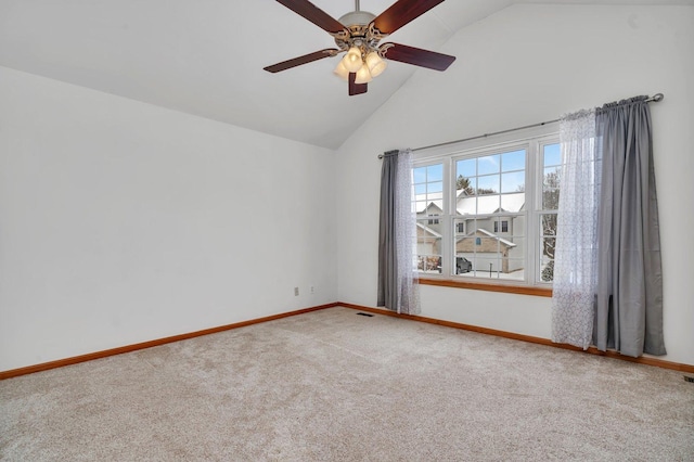 unfurnished room with carpet, high vaulted ceiling, and ceiling fan