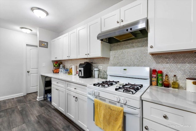 kitchen featuring white cabinetry, dark wood-type flooring, light stone counters, backsplash, and white range with gas cooktop