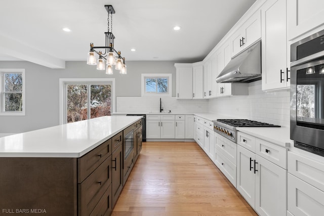 kitchen featuring white cabinets, dark brown cabinets, a center island, and appliances with stainless steel finishes