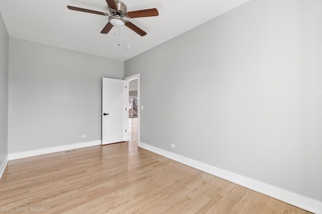 empty room featuring ceiling fan and light hardwood / wood-style flooring