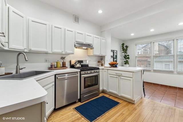 kitchen featuring kitchen peninsula, sink, white cabinets, and stainless steel appliances