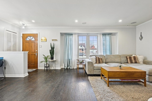 living room featuring dark wood-type flooring and crown molding