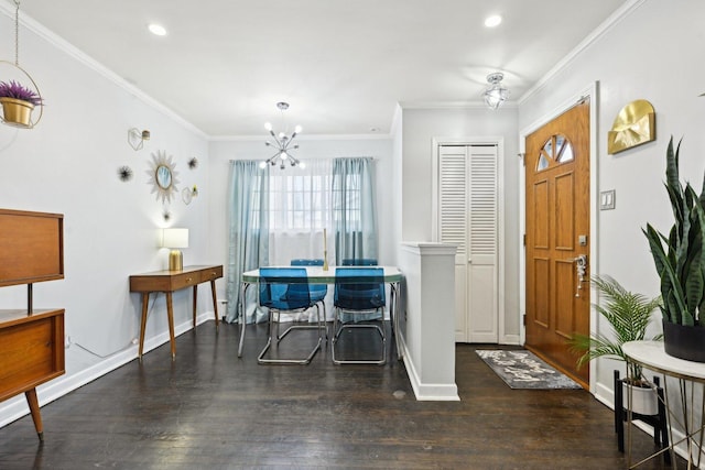 interior space with ornamental molding, dark hardwood / wood-style flooring, and a notable chandelier