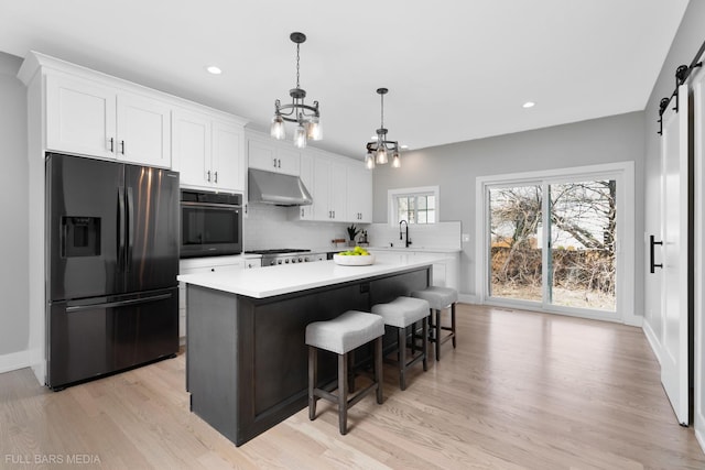 kitchen featuring ventilation hood, a barn door, white cabinetry, and stainless steel appliances