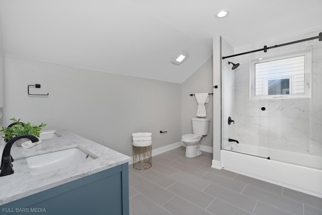 full bathroom featuring vanity, bath / shower combo with glass door, lofted ceiling, and toilet