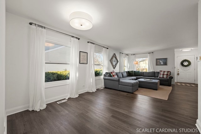 living room featuring dark wood-type flooring