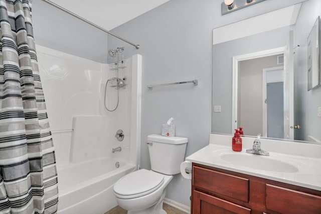 full bathroom with vanity, toilet, and shower / bath combo with shower curtain