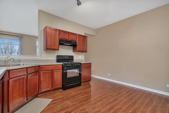 kitchen with dishwasher, black gas range oven, hardwood / wood-style flooring, and sink