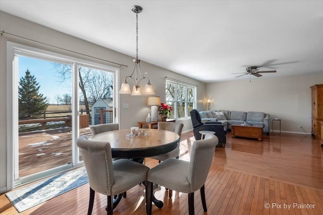 dining space with hardwood / wood-style flooring and ceiling fan