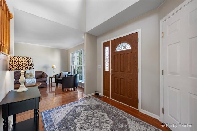 foyer featuring crown molding and hardwood / wood-style floors