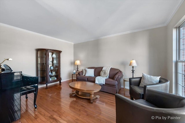 living room with hardwood / wood-style flooring and ornamental molding