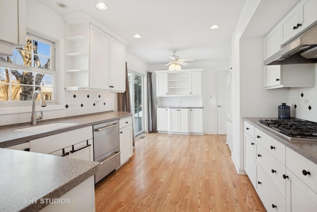 kitchen featuring light hardwood / wood-style floors, ceiling fan, stainless steel appliances, white cabinets, and sink