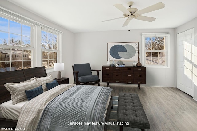 bedroom featuring ceiling fan and hardwood / wood-style flooring