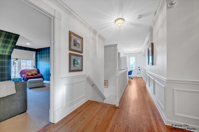 hallway with ornamental molding and light wood-type flooring