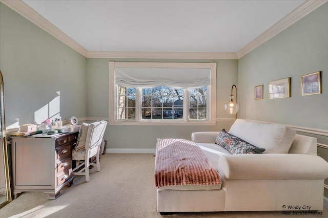 office with ornamental molding and light carpet