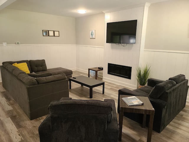 living room featuring hardwood / wood-style floors and a large fireplace