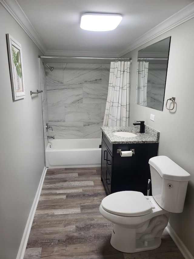 full bathroom featuring shower / bath combination with curtain, vanity, crown molding, hardwood / wood-style flooring, and toilet