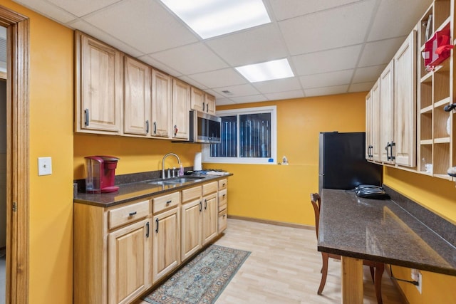 kitchen featuring light brown cabinetry, appliances with stainless steel finishes, a paneled ceiling, and sink