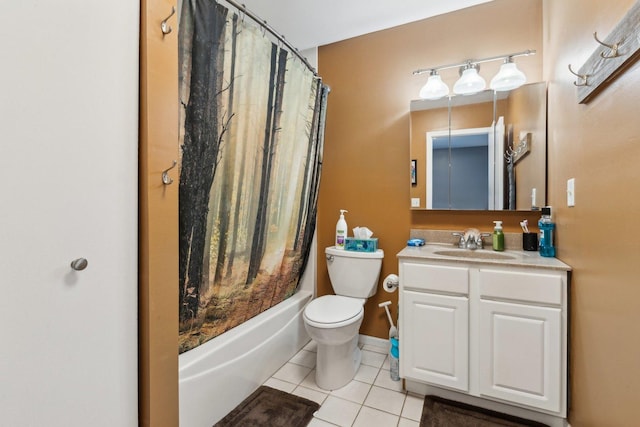 full bathroom with toilet, tile patterned flooring, shower / bath combo, and vanity