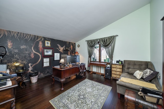 office with dark wood-type flooring and vaulted ceiling