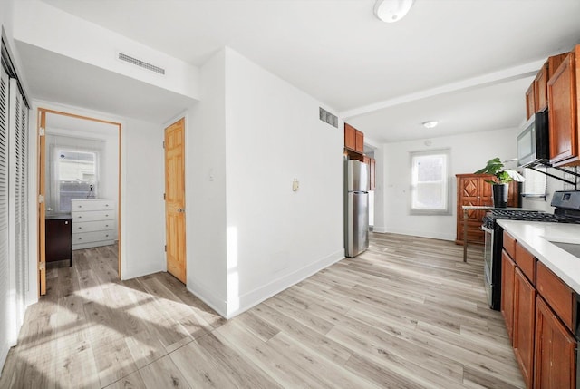 kitchen featuring appliances with stainless steel finishes, light hardwood / wood-style floors, and a wealth of natural light