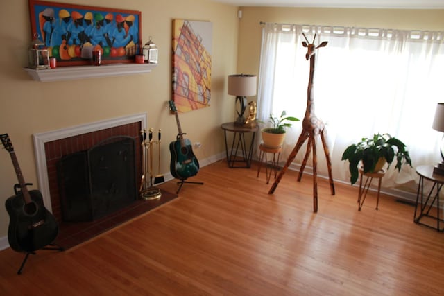 living area featuring a fireplace and wood-type flooring