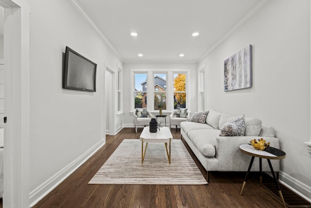 living room featuring ornamental molding and dark wood-type flooring