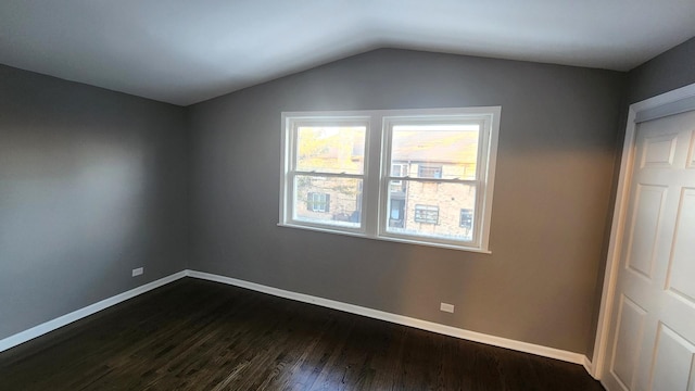 empty room featuring vaulted ceiling and dark hardwood / wood-style flooring