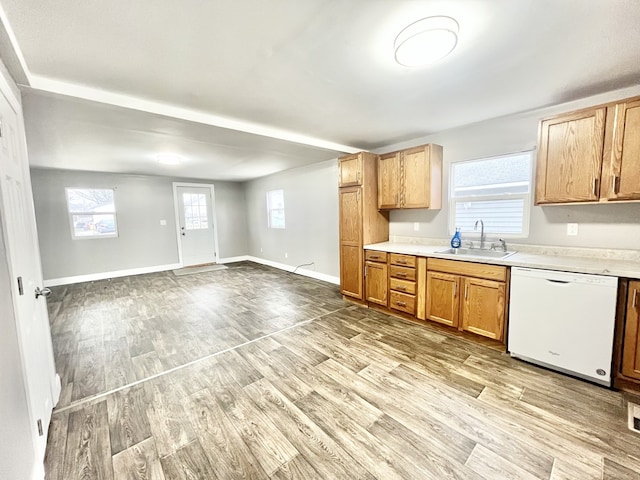 kitchen with sink, dishwasher, and light wood-type flooring