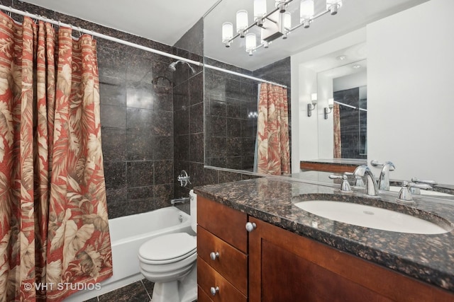 full bathroom featuring tile patterned flooring, vanity, toilet, and shower / bathtub combination with curtain