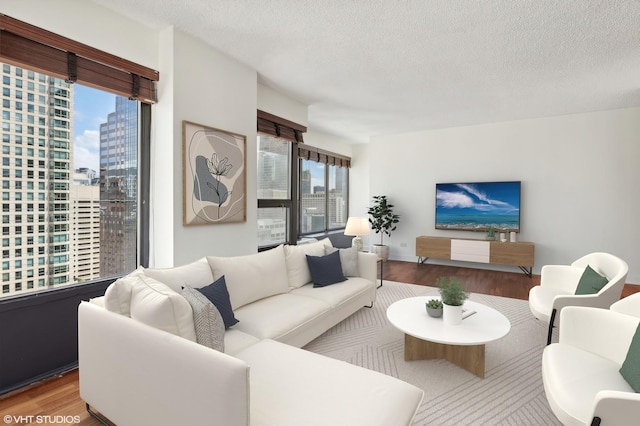 living room with hardwood / wood-style floors, a textured ceiling, and a wealth of natural light