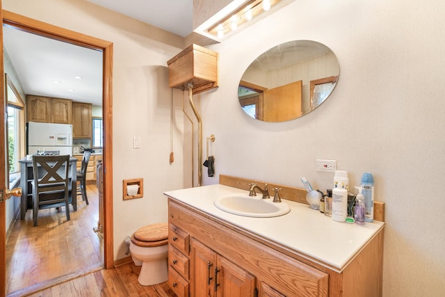 bathroom featuring vanity, wood-type flooring, and toilet