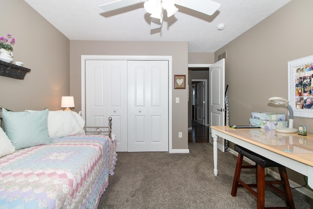 carpeted bedroom with a closet and ceiling fan