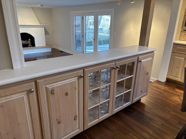 kitchen with a fireplace, light brown cabinets, and dark wood-type flooring