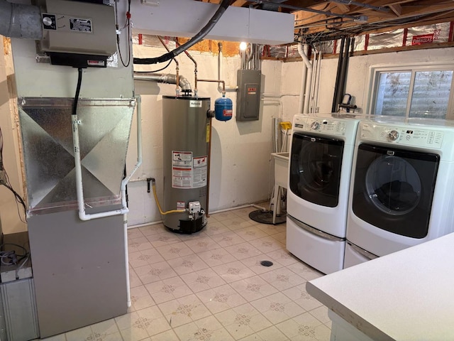 laundry room with gas water heater, washing machine and dryer, electric panel, and heating unit