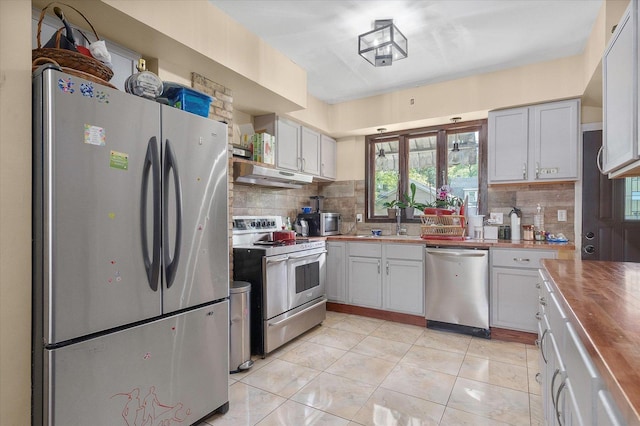 kitchen with decorative backsplash, wood counters, white cabinetry, appliances with stainless steel finishes, and sink