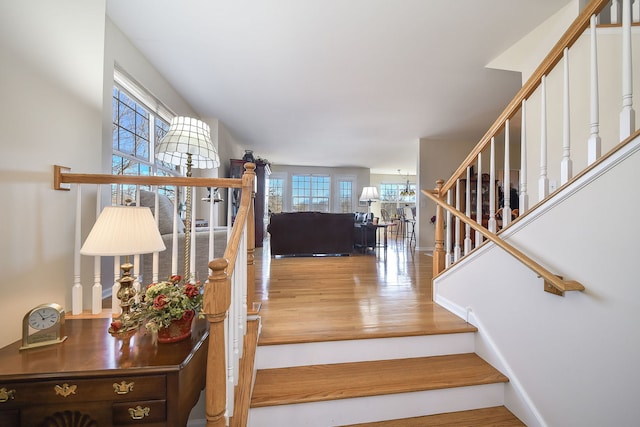 stairs featuring an inviting chandelier and wood-type flooring