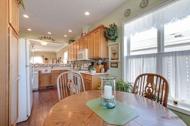 dining space featuring sink, crown molding, and dark hardwood / wood-style floors