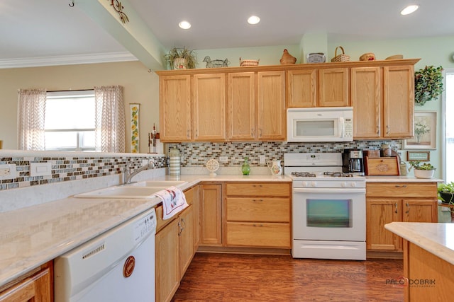 kitchen with sink, white appliances, tasteful backsplash, and dark wood-type flooring