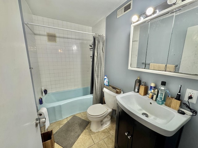 full bathroom with toilet, shower / bath combination with curtain, vanity, and tile patterned floors