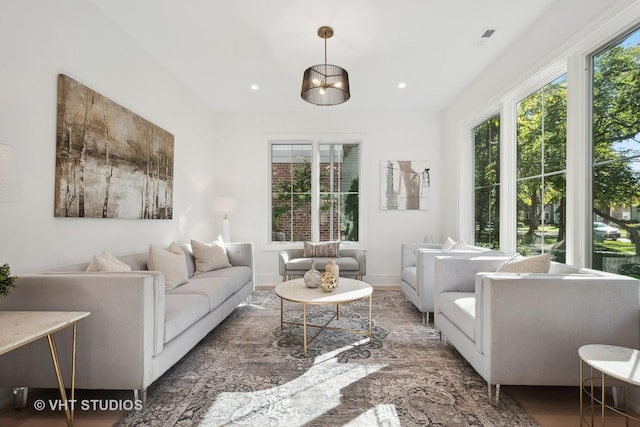 living room featuring plenty of natural light and dark hardwood / wood-style floors