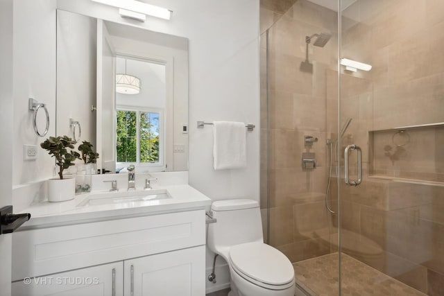 bathroom with vanity, toilet, and a shower with shower door